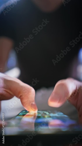 A close-up of male hands interacting with a smartphone, scrolling unrecognizable app or website, browsing social network, fingers touching the device's screen.