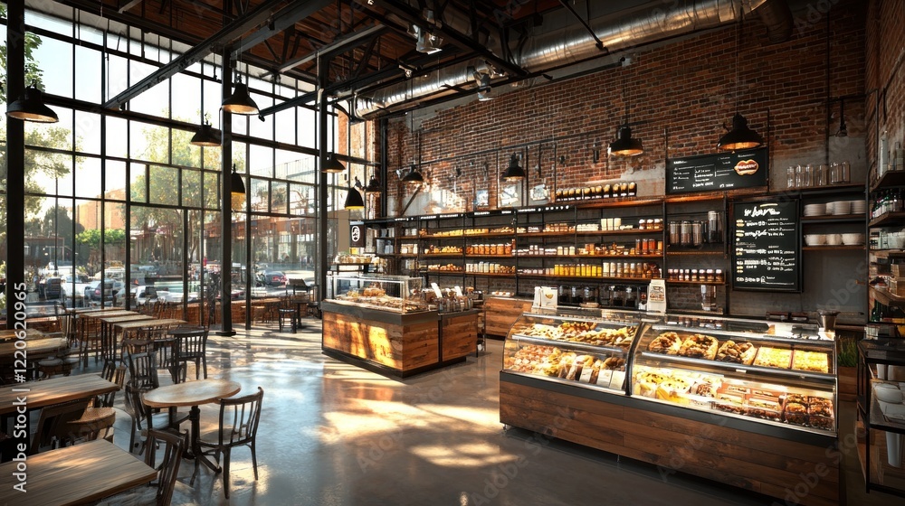Naklejka premium Modern Bakery Cafe With Abundant Pastries And Goods