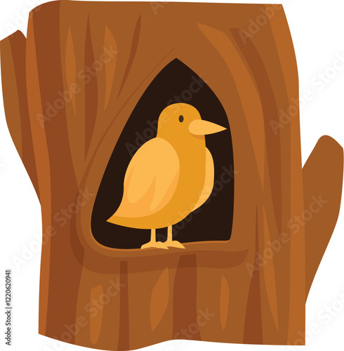 Cartoon yellow bird standing in the hollow of a brown tree stump