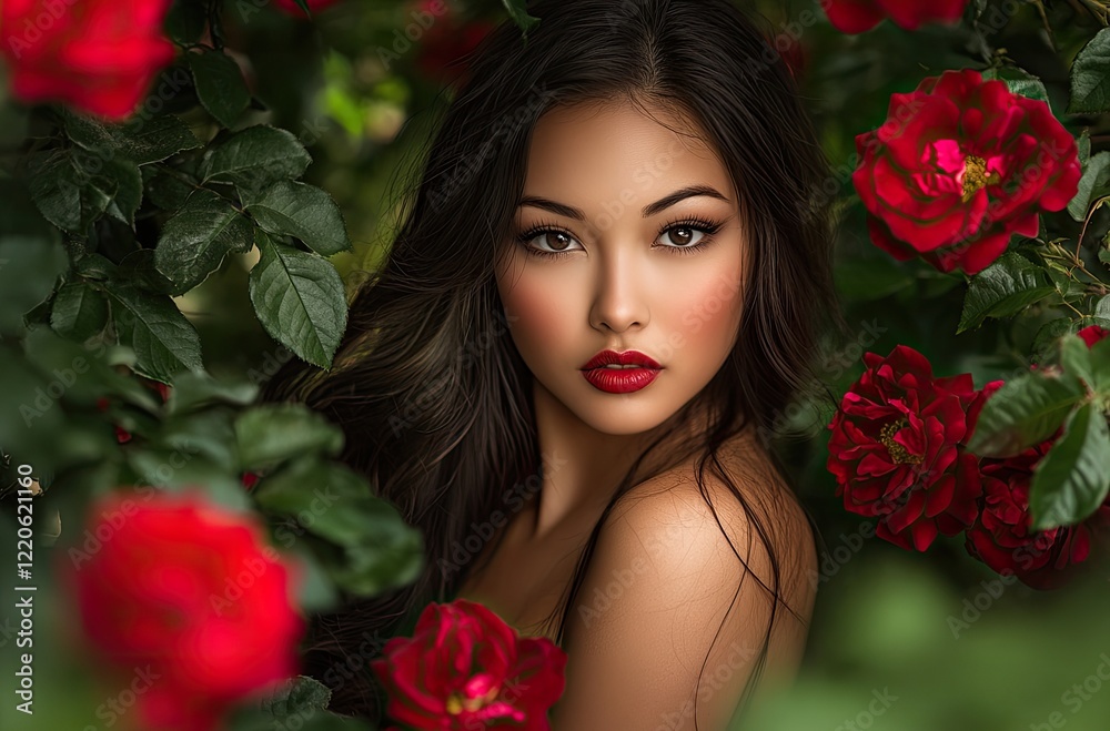 A beautiful woman with long dark hair and red lipstick posing in front of roses. A beautiful woman with long dark hair and red lipstick posing in front of roses.