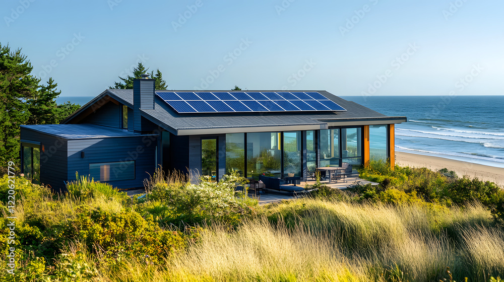 Obraz premium An energy-efficient beach house with solar panels, reflecting the sun’s rays in a serene oceanfront setting.