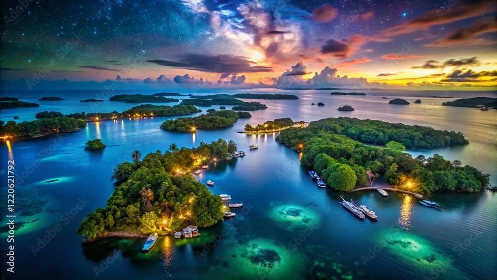 Bocas del Toro Archipelago Night Aerial View: Illuminated Islands & Starry Sky Bocas del Toro Archipelago Night Aerial View: Illuminated Islands & Starry Sky