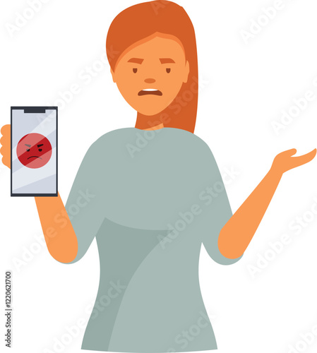 Redhead woman showing anger emoji on phone screen, expressing displeasure with online communication