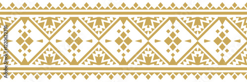 Gold ethnic ornament with geometric tribal border pattern.