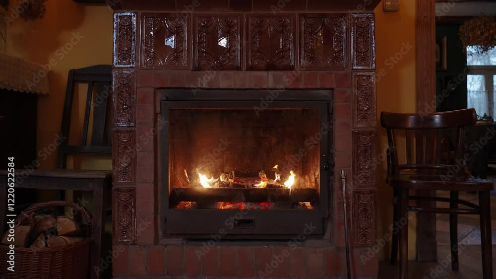 Wood burning in the fireplace in the interior of old European house Wood burning in the fireplace in the interior of old European house