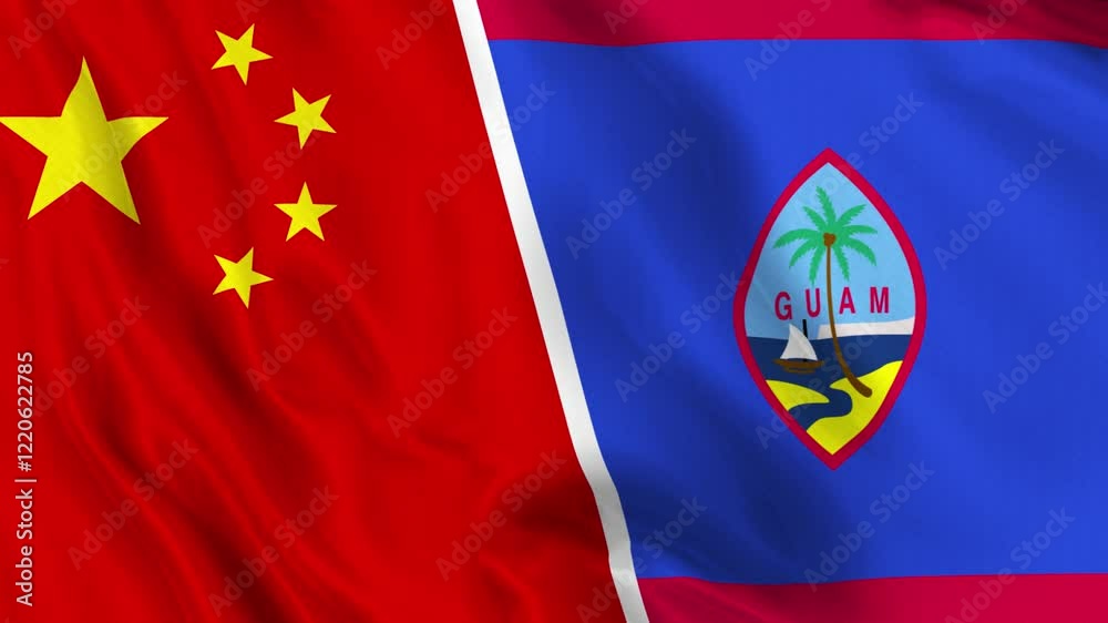 China and Guam Flag Waving Loop. Flag of China and Guam