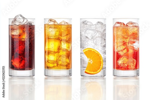 Four iced soft drinks, studio shot, white background, refreshment photo