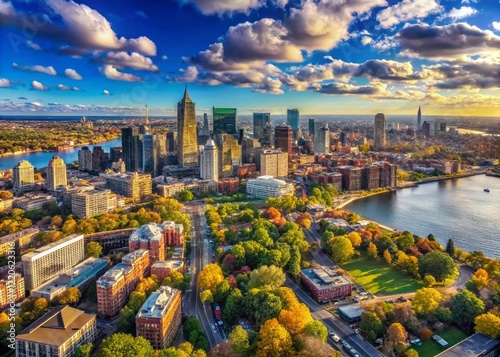 Boston Skyline Aerial Panorama: Prudential Tower View, Downtown Massachusetts