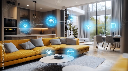 A connected home security system with IoT cameras, motion detectors, and remote monitoring