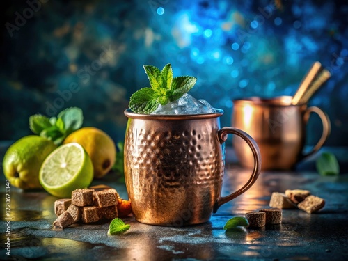 Copper mug silhouette, lime, ginger beer, vodka, and mint against a blue table, showcasing a Moscow Mule.
