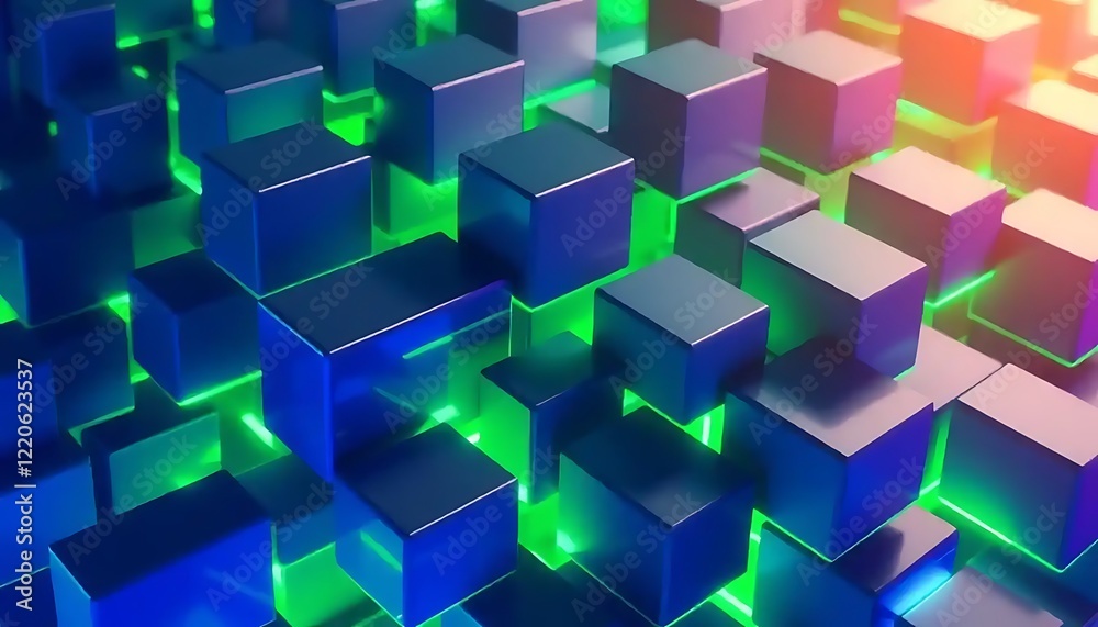 Abstract Blue Cubes Illuminated By Neon Green Light