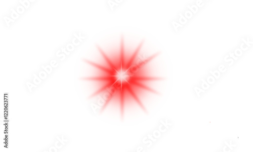 Realistic vector illustration of red star and sun with dynamic red flare, horizontal light line, and laser flash effect in PNG format. Vibrant glowing rays, intense flare, sunburst design
