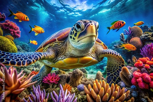 Majestic Sea Turtle Gracefully Navigating a Vibrant Coral Reef