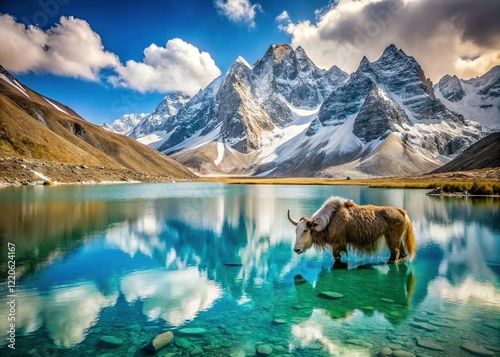 Majestic Yak Grazing by High-Altitude Lake in Himalayas photo