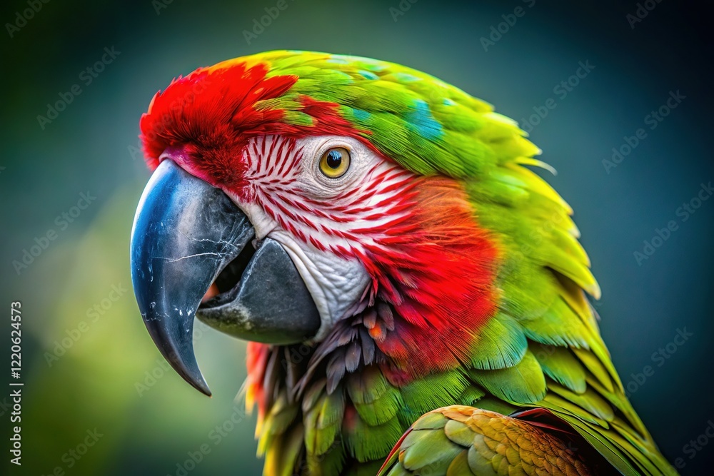 Fototapeta premium Minimalist Military Macaw Head Closeup: Vibrant Feathers, Bold Gaze