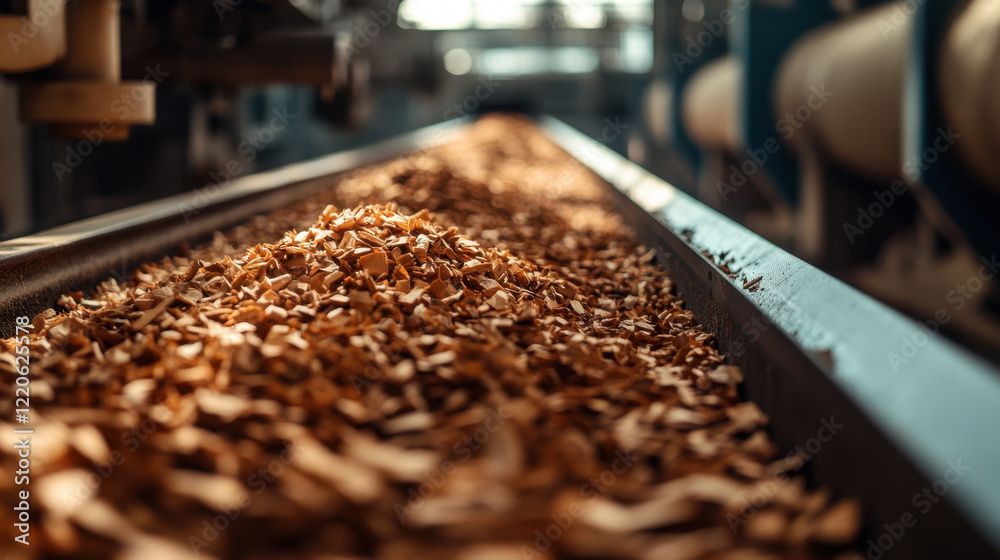 Sawdust moves along a conveyor belt in a woodworking facility during daylight hours Sawdust moves along a conveyor belt in a woodworking facility during daylight hours