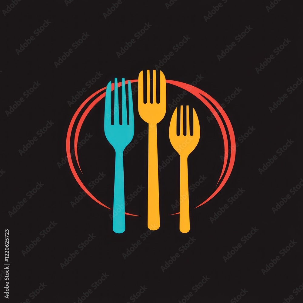 Three forks in a circle, graphic, in black background for restaurant or dining use Three forks in a circle, graphic, in black background for restaurant or dining use