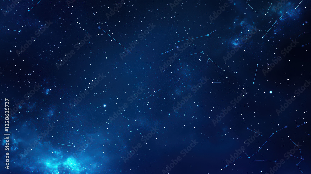 Fototapeta premium Dark blue background with a starry sky, digital line connections, and a network technology concept. This abstract, futuristic design is suitable for a web banner or presentation. 