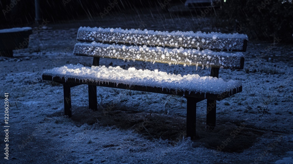 Hail covering an urban park bench, tiny ice pellets glistening in faint light