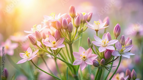 Double exposure botanical art: Delicate lilac centaury (Centaurium erythraea) blossoms.