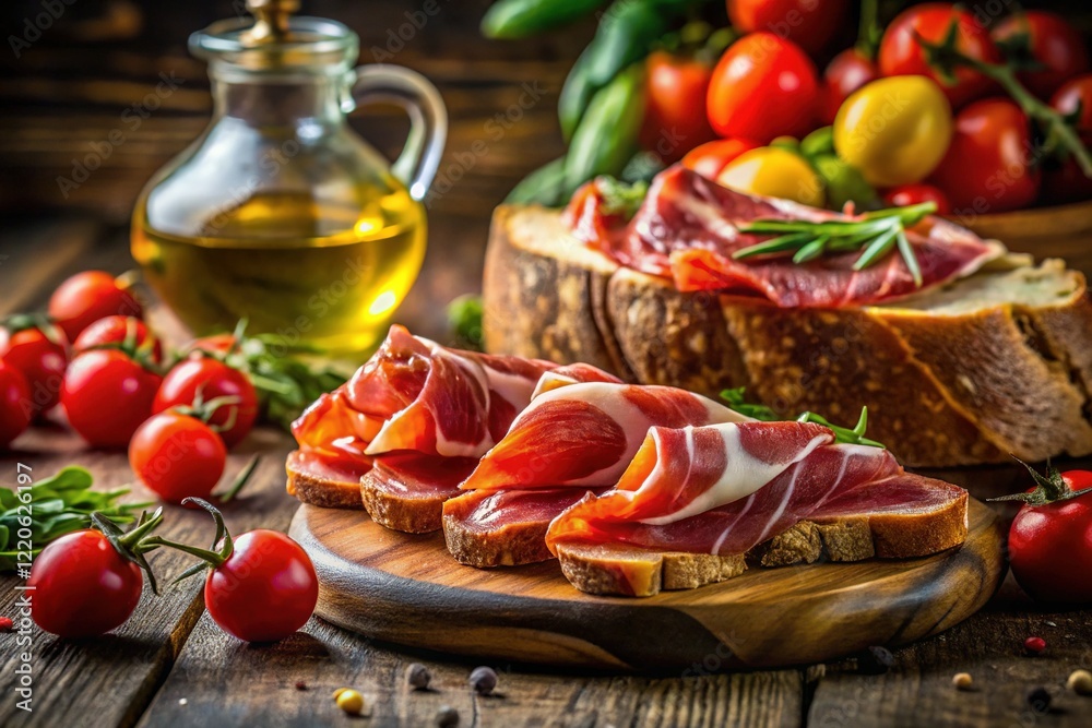 Rustic Iberian Ham Slices with Olive Oil, Bread, and Tomatoes - Double Exposure Stock Photo Rustic Iberian Ham Slices with Olive Oil, Bread, and Tomatoes - Double Exposure Stock Photo