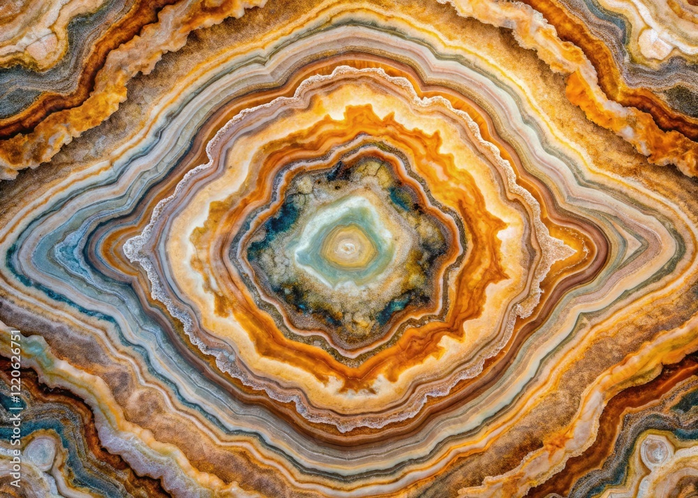 Drone's-eye view: symmetrical marble swirls in earthy tones, a natural stone abstract background.