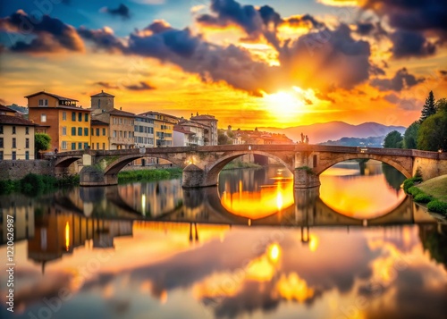 Buriano Bridge, Arno River, Tuscany, Italy: Romantic Sunset Bokeh Photography
