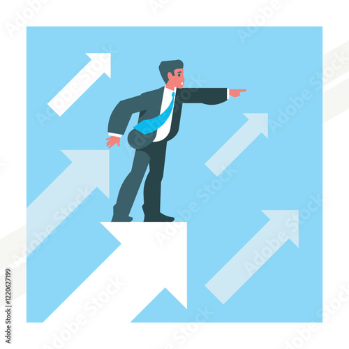 A businessman standing on an arrow representing direction and progress