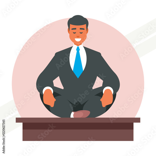 A businessman sitting on a table in lotus position representing balance and calm