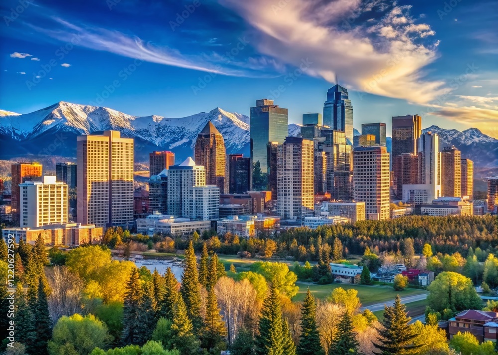 Obraz premium Calgary Sunny Day: Canadian Rockies Skyline & Cityscape Panorama