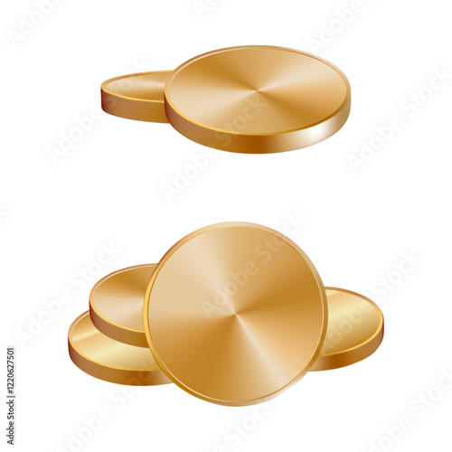 Golden coins small pile. 3d medal stack drop vector render icon. Falling cash stack currency change. Casino game chips loan. Premium loan icon emoji. Money mountain bunch isolated. Realistic finance