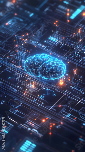 3D graphical representation of AI data analysis, showing real-time processing, decision-making models, and neural connections in a futuristic setting.