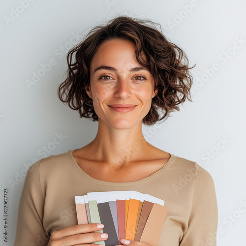 Colorimétrie dans la mode : une femme en T-shirt blanc présente un nuancier de couleurs devant elle en souriant, sur fond blanc : publicité pour prestation beauté, styliste et personal shopper photo
