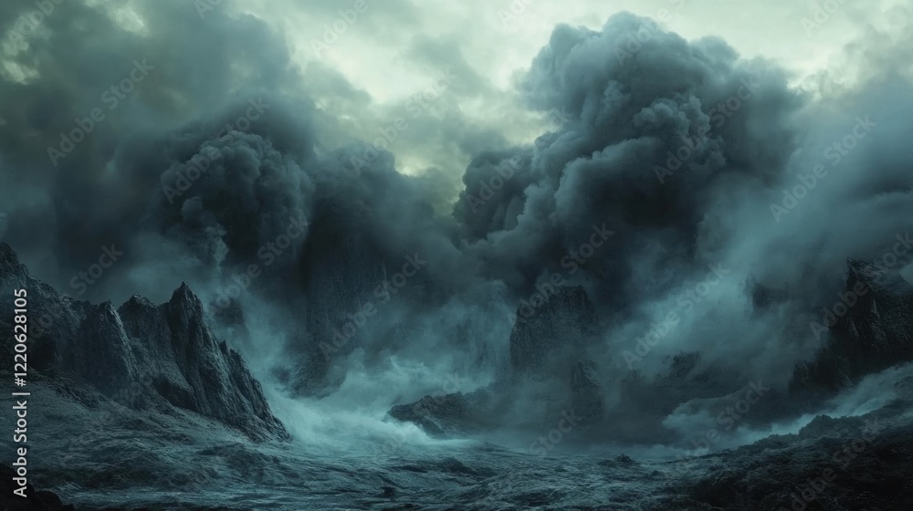 Fototapeta premium Heavy black clouds forming over a rugged mountain range, casting deep shadows