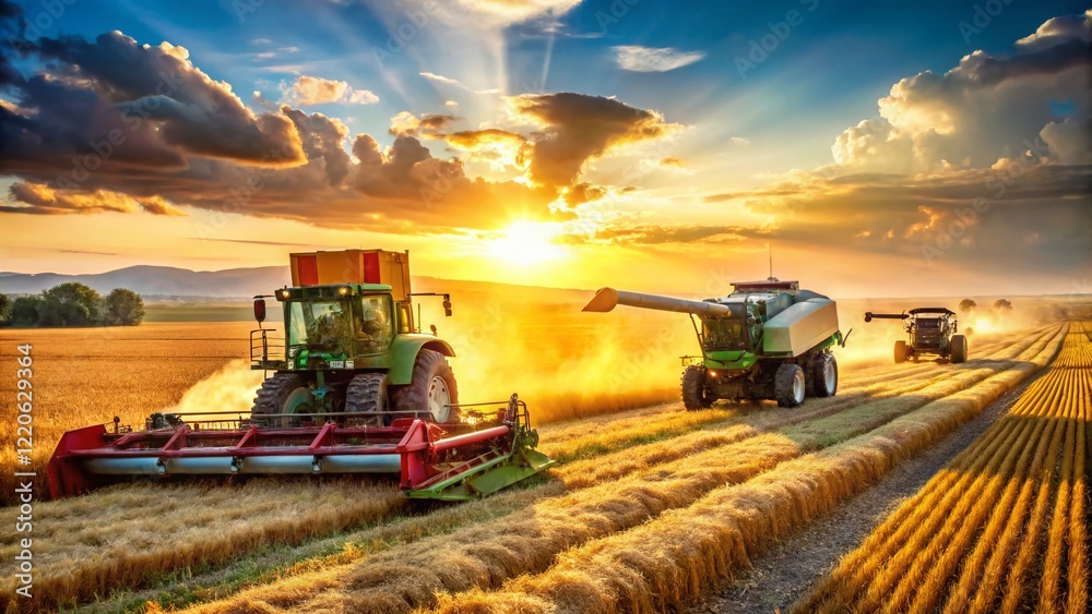 Fototapeta premium Candid Shot: Farm Machinery at Work - Harvester, Combine, Tractor