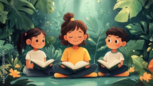 Three children enjoy reading books together in a whimsical forest filled with glowing particles and tropical leaves