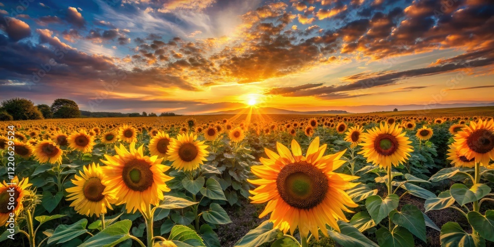 Fototapeta premium Golden hour sunrises paint vibrant yellow sunflowers in a peaceful rural field, capturing nature's serene beauty.