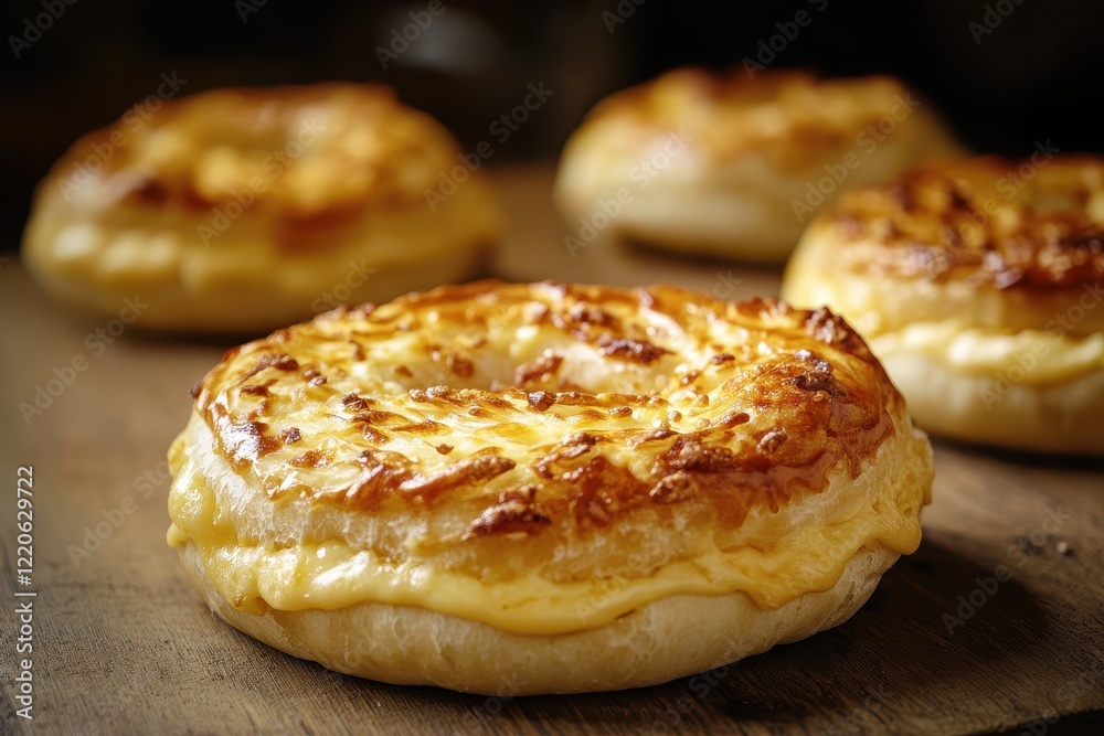 Cheesy Baked Rings on Rustic Wood, Bakery Cheesy Baked Rings on Rustic Wood, Bakery