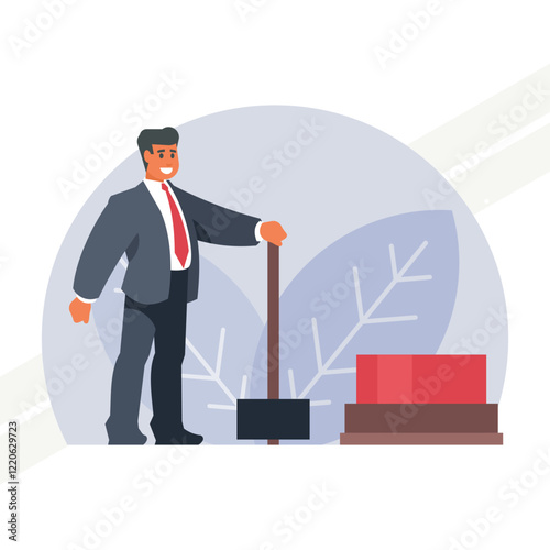 A businessman with a hammer and a huge red button representing action and decision-making