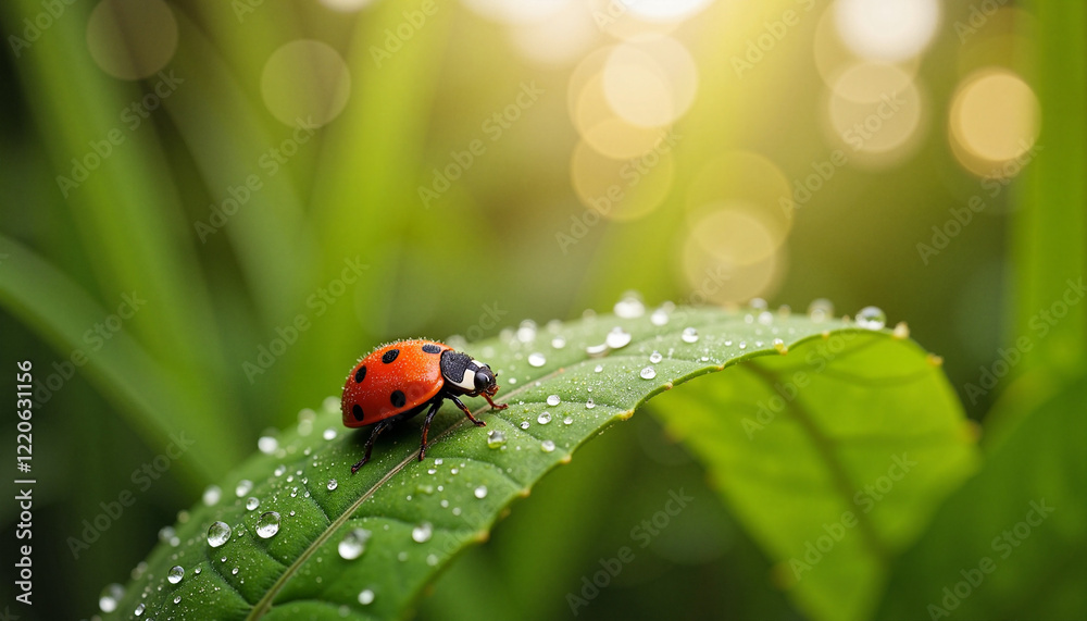 Vibrant red ladybug resting on dew-covered leaf in sunny garden, nature's beauty Vibrant red ladybug resting on dew-covered leaf in sunny garden, nature's beauty