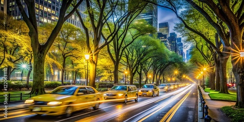 Central Park Yellow Cab Lights, Long Exposure Night Photography, NYC Iconic Taxi