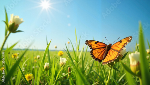 Elegant butterfly resting on wildflower in green meadow, nature's beauty