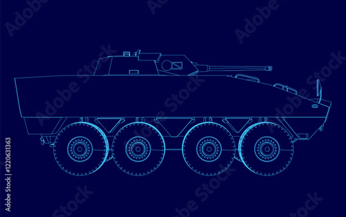 Blue image of a military vehicle outline. The vehicle is a tank and has four wheels photo