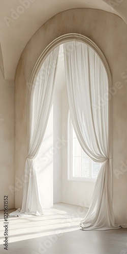 Serene White Curtains Gracefully Hanging in an Arched Window with Soft Natural Light