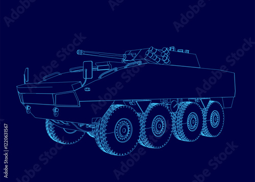 Blue drawing of a military vehicle with a tank on top. The vehicle is a large truck with four wheels and a tank on top. Scene is serious and military