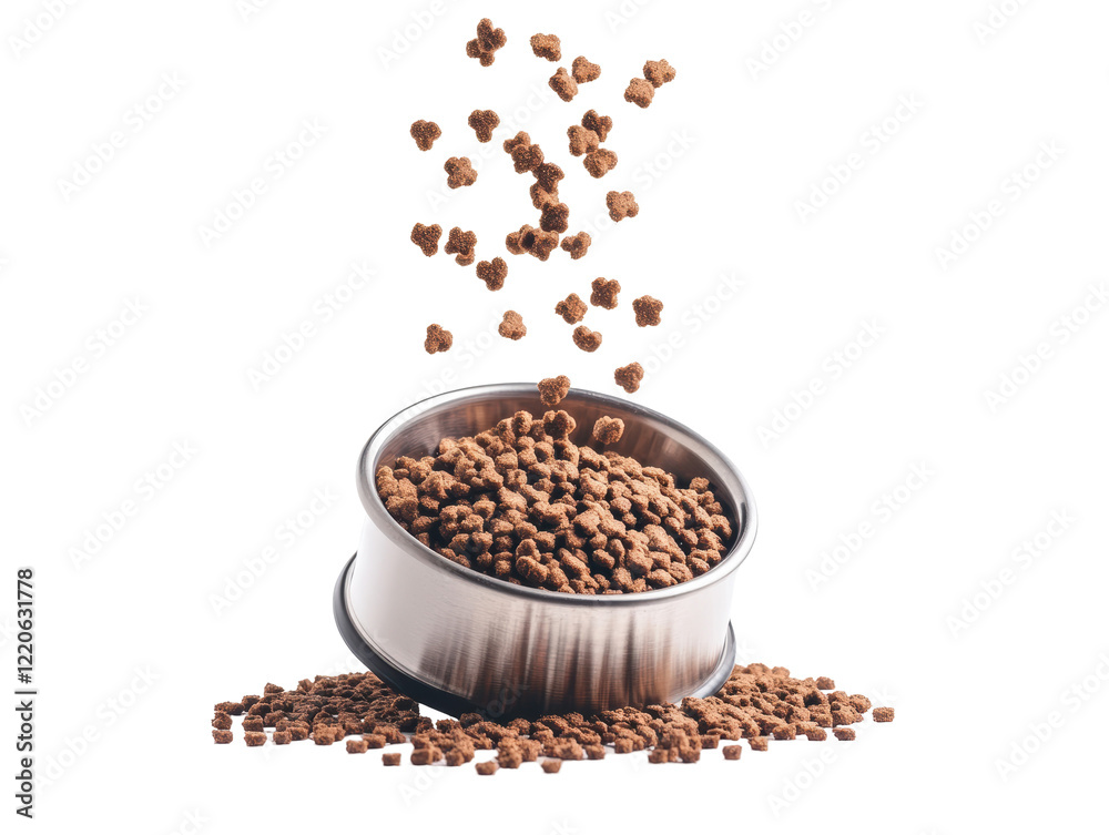 Isolated Dog Food Falling Into Metal Bowl Isolated Dog Food Falling Into Metal Bowl