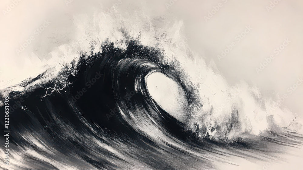 A charcoal sketch of a dramatic ocean wave, powerful lines capturing the motion, subtle shading creating depth and texture A charcoal sketch of a dramatic ocean wave, powerful lines capturing the motion, subtle shading creating depth and texture