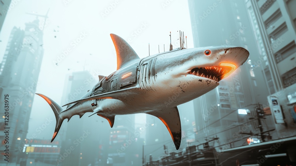 Fototapeta premium Neon shark swimming in futuristic cityscape urban fantasy digital art