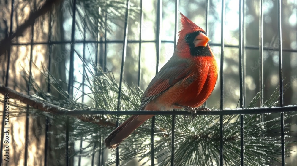 Obraz premium A brilliant red cardinal sits gracefully on a branch within a cage, surrounded by soft pine needles, showcasing its beauty against a gentle morning light.