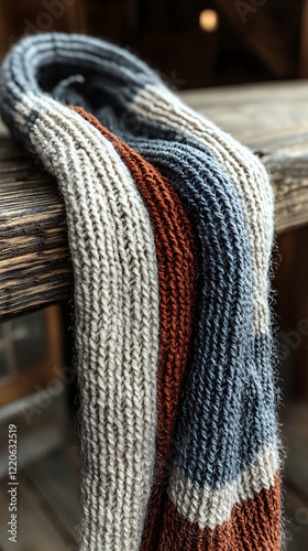 Cozy handknitted scarf in autumnal colors.  Cream, rust, and gray stripes create a warm, textured feel, perfect for fallwinter fashion or home décor. photo